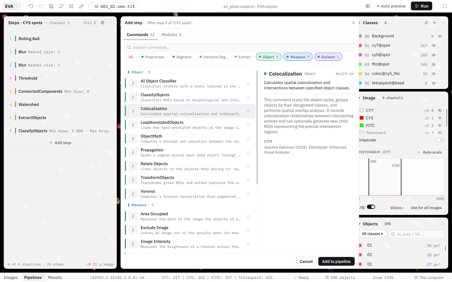 The command picker next to the steps panel: category chips, the list, the description pane, "✓ Added … as step 3" in the footer