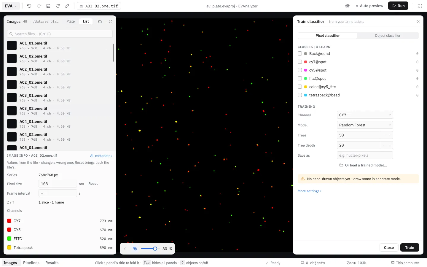 The Train classifier sheet on the right: Pixel or Object classifier, the classes to learn with their counts, the training in short and Uses the annotations of 1 image