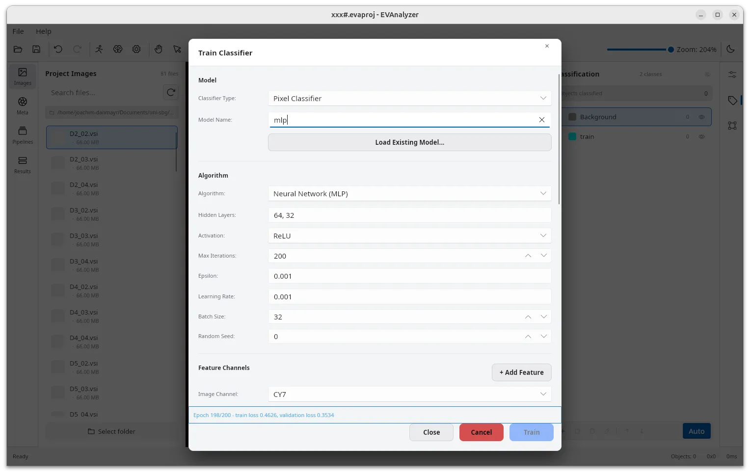 Train Classifier dialog, training a neural-network pixel classifier
