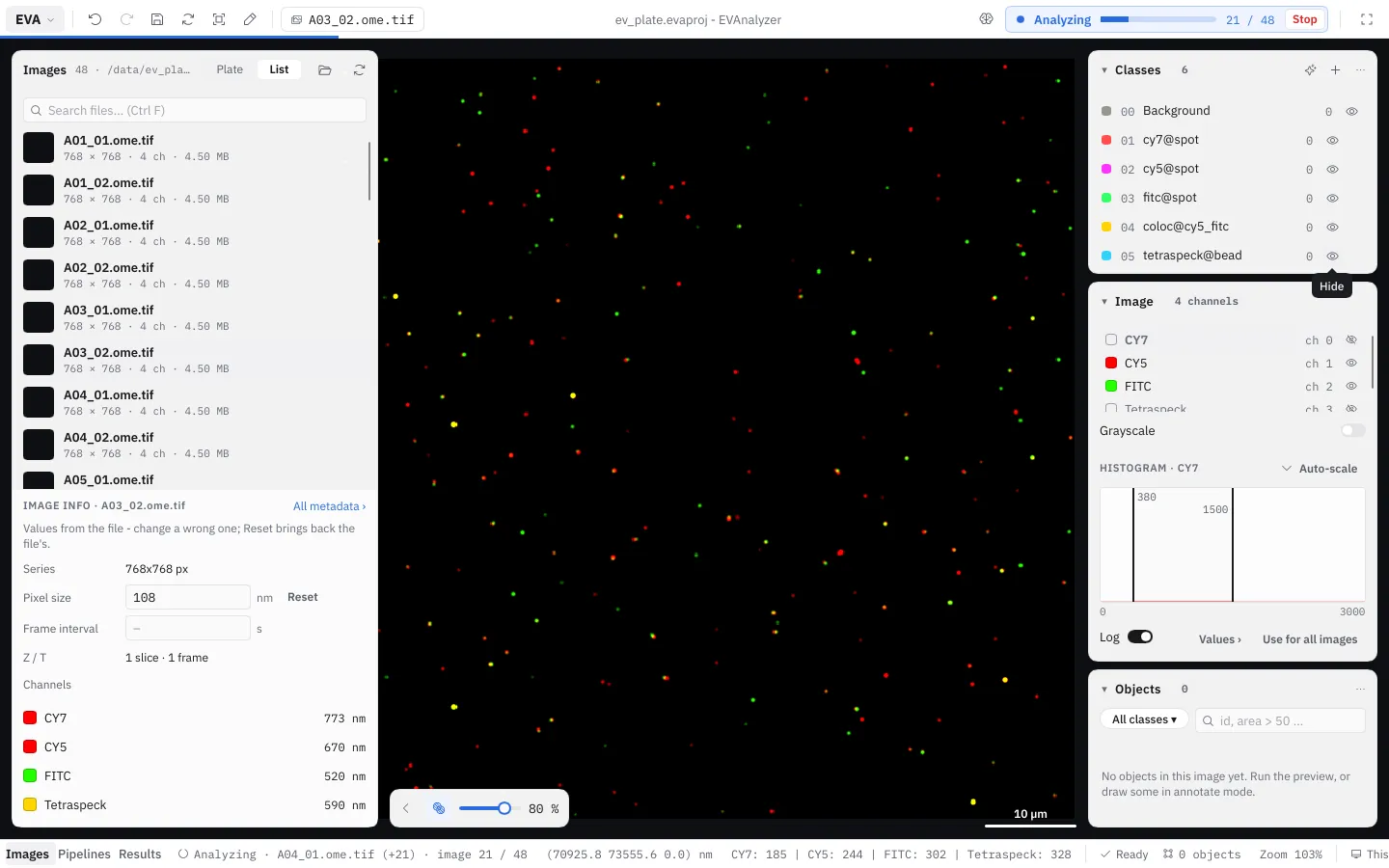 The top bar while an analysis runs: Analyzing, a progress bar, 12 / 48 images, about 2 s left, Stop