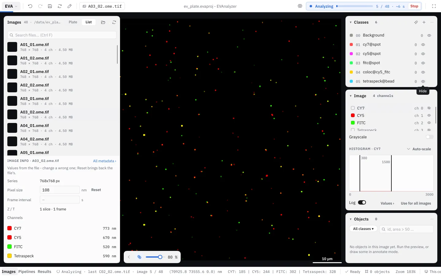 The top bar while an analysis runs: Analyzing, the progress, 12 / 48 images, about 2 s left, and Stop