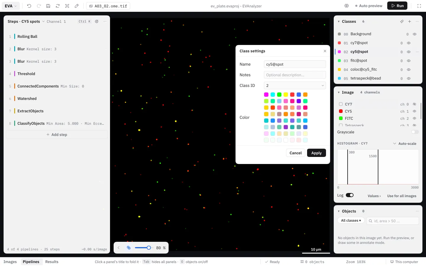 The Class settings dialog left of the right-hand panels: Name, Notes, Class ID with Auto, the color grid (7 a row)