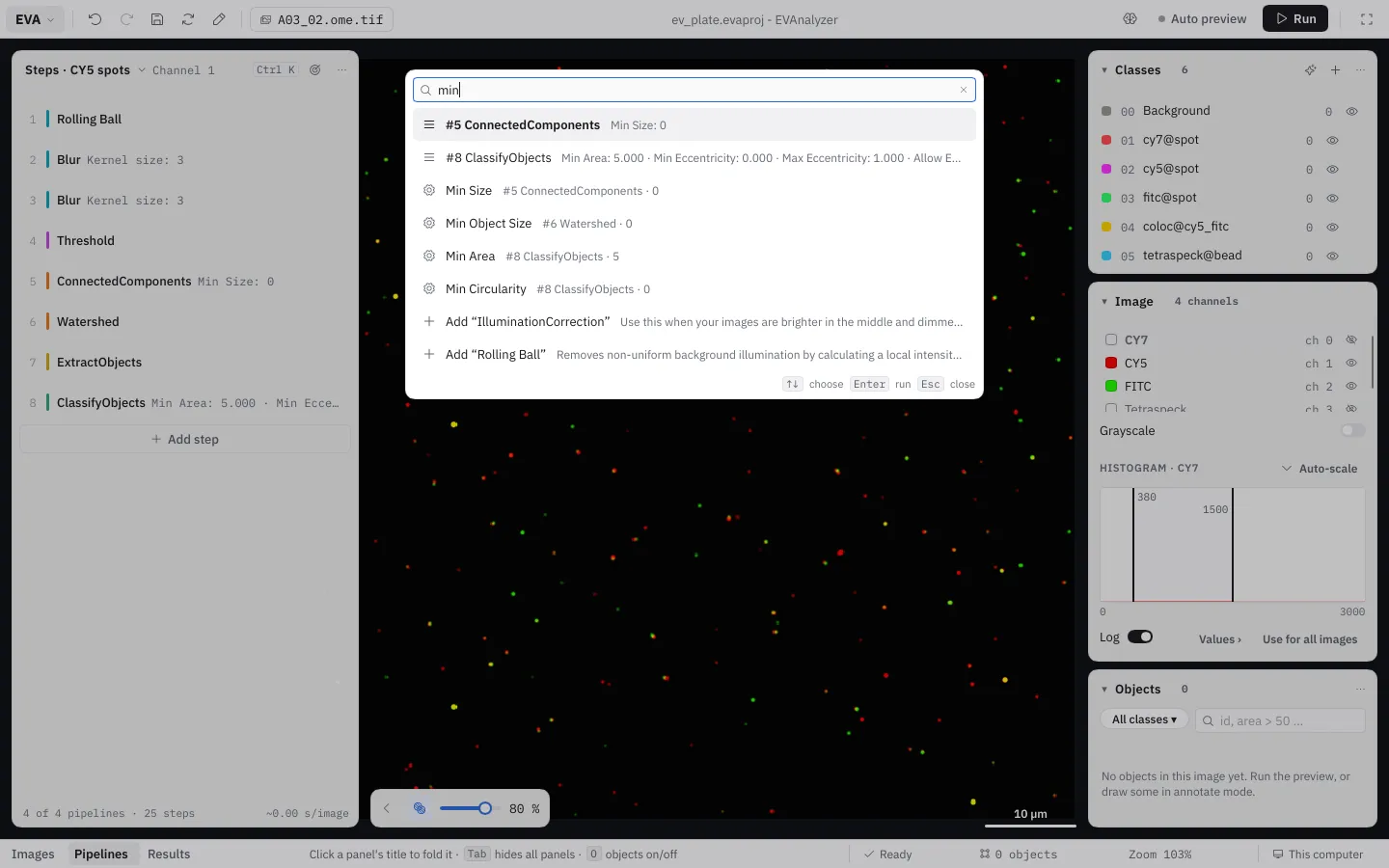 The command palette with min typed: steps, settings such as Min Area of step 8 ClassifyObjects, and commands to add