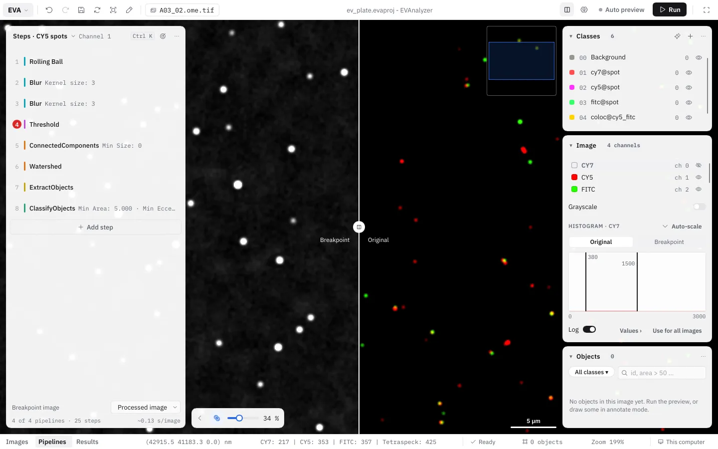 A breakpoint on Threshold, Compare on: the breakpoint image left, the original right, the divider between them; the histogram offers Original or Breakpoint