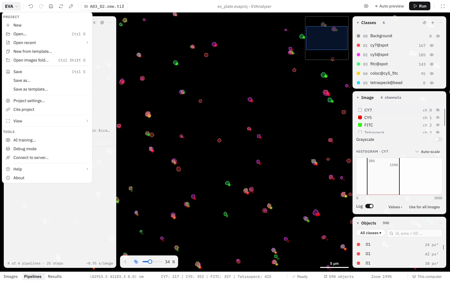 The EVA menu: Project, Open recent, View, Tools, Help and About
