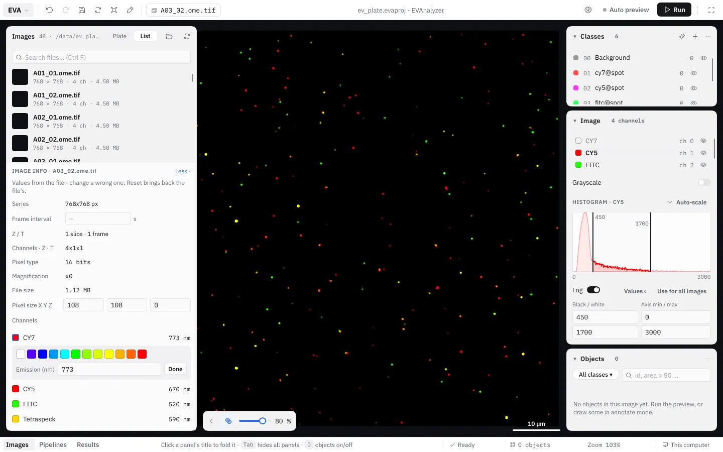 The color chooser open from a channel swatch: wavelength tiles, Emission (nm), Reset and Done
