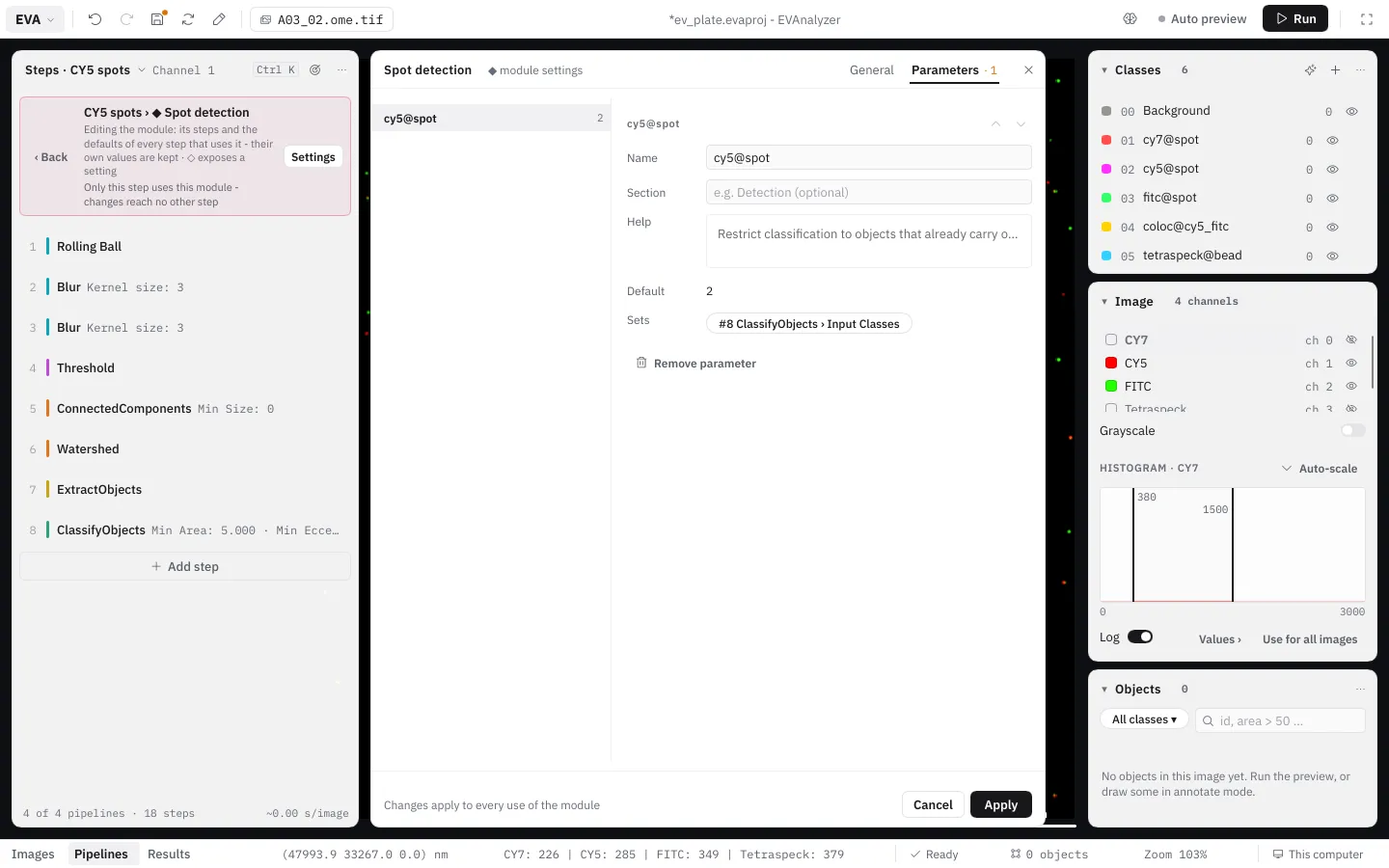 The Parameters tab: the list by section on the left, one parameter's form with Sets chips on the right