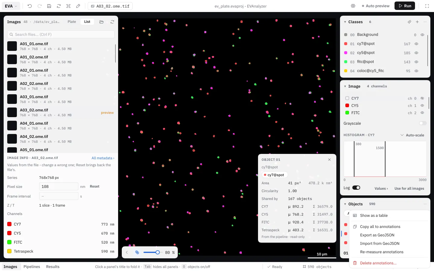 The Objects panel's ⋯ menu: Show as a table, Copy all to annotations, Export as GeoJSON, Import from GeoJSON, Re-measure annotations, Delete annotations