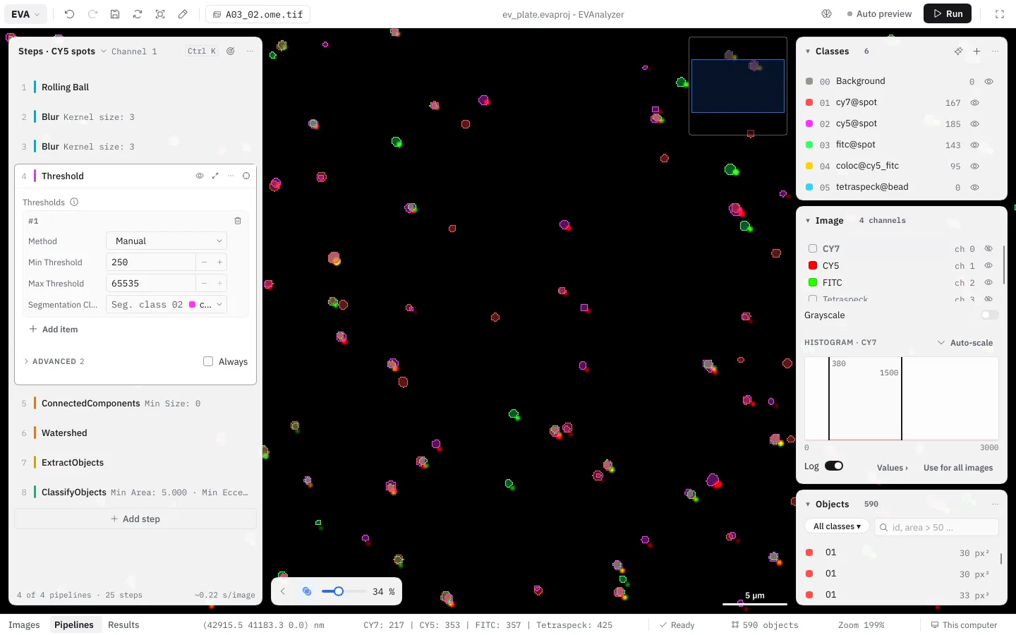 Pipelines mode: the steps of CY5 spots with their category stripes, Threshold open with its settings, the preview's objects on the image