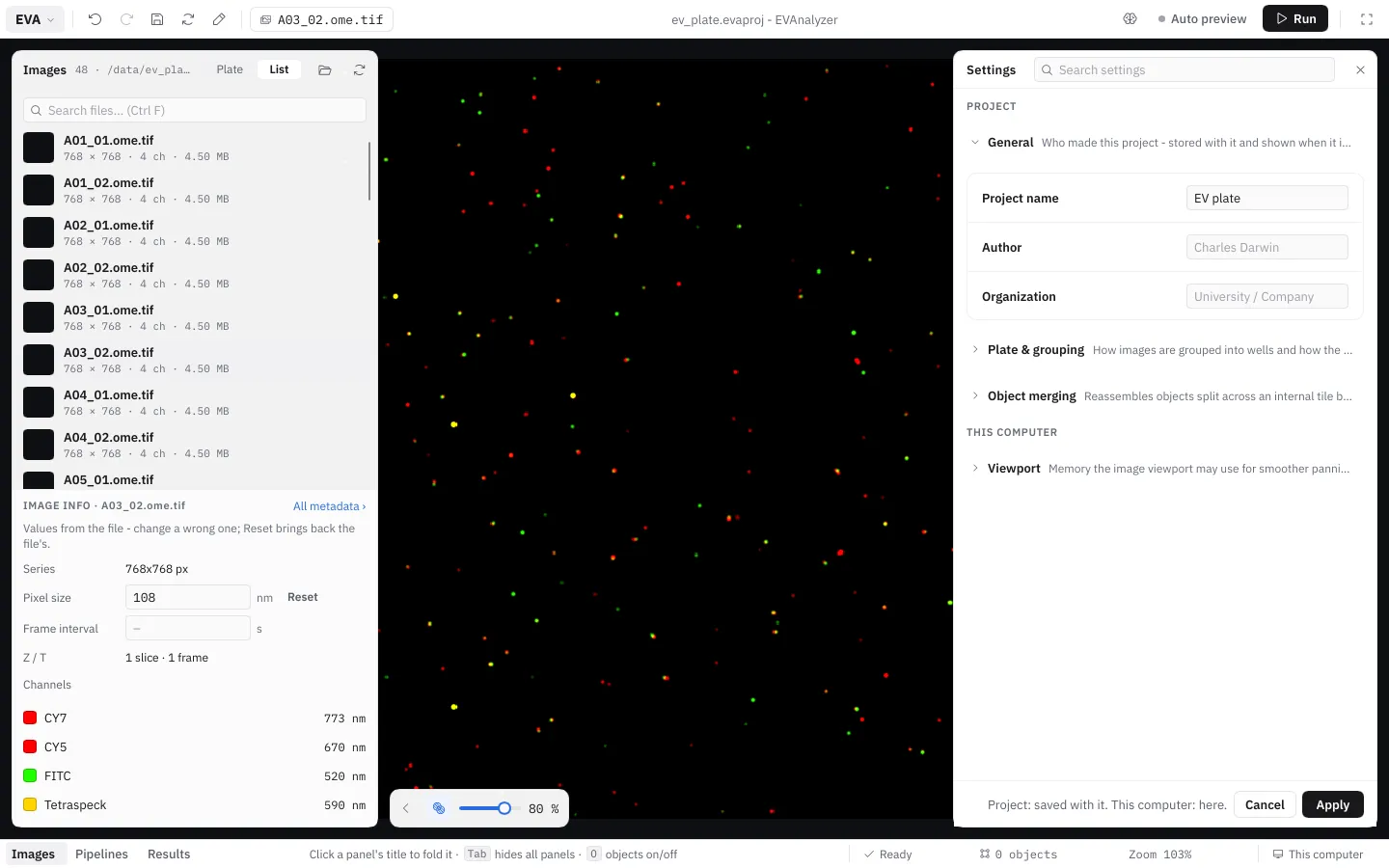 The settings sheet on the right: the search on top, Project › General open, Plate & grouping and Object merging folded, This computer › Viewport below