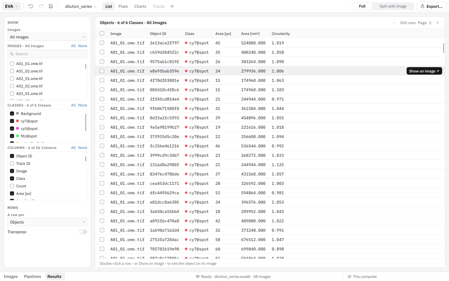 Results mode with the analysis open: the list's settings on the left, the table of objects beside them
