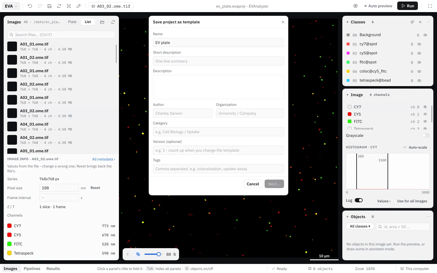 The Save as template dialog: Name, Short description, Description, Author, Organization