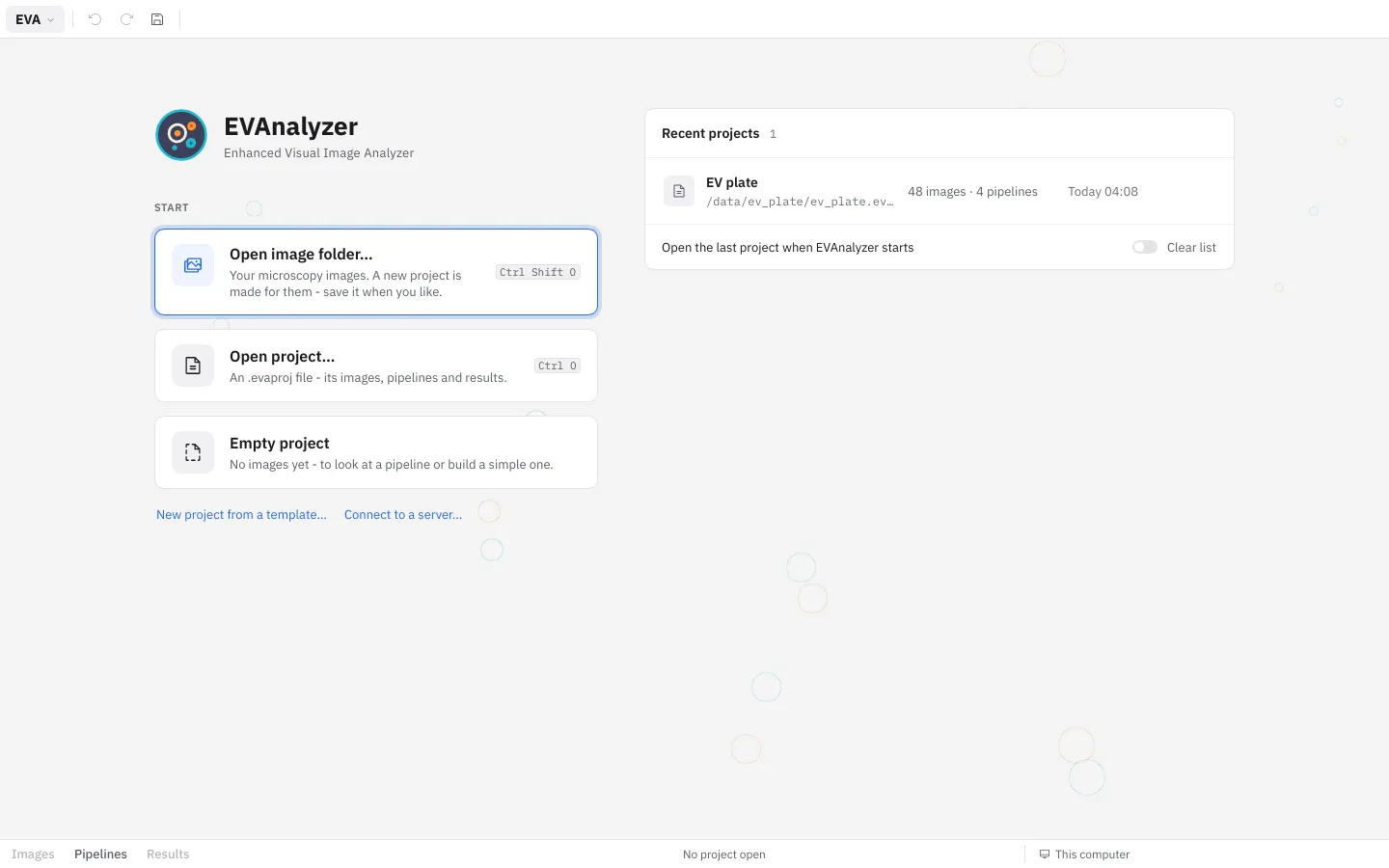 The four actions, Connect to a server…, and a few recent projects - cells drifting in the background