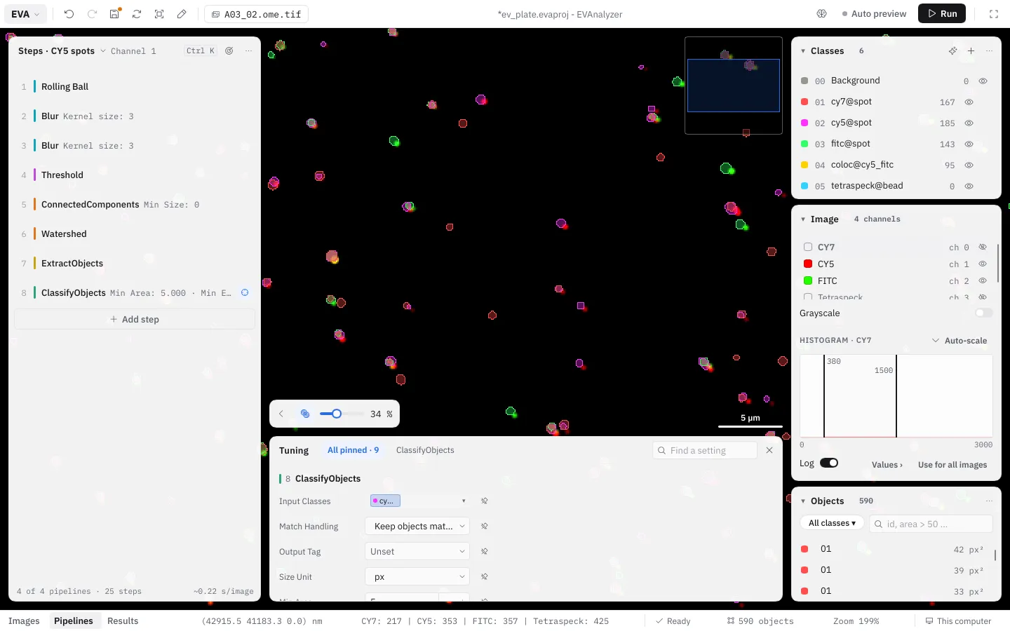 The Tuning panel docked below the image: All pinned · 9, a tab for ClassifyObjects, Find a setting, the pinned settings
